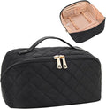 Relavel Travel Makeup Bag, Large Capacity Cosmetic Bag for Women, Waterproof Portable Makeup Pouch with Separate Makeup Brush Board, Wide Open Flat Toiletry Bag - Black