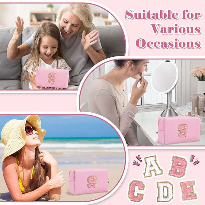Personalized Initial A-Z Preppy Patch Makeup Bag,Small PU Leather Chenille Letter Cosmetic Bag with Zipper for Teen Girls,Pink Cute Travel Toiletry Bag,Birthday Monogrammed Gift for Daughter,Letter S