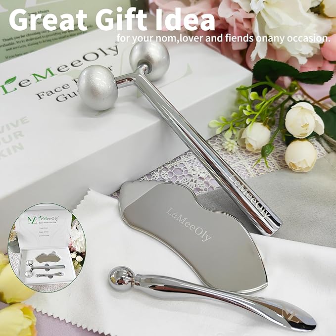 LeMeeOly 2Pcs Gua Sha Facial Tools Stainless Steel, Detailer GuaSha Set for Face and Neck, Natural Skin Care Metal Gua Sha Lymphatic Drainage Face Massage Tool, Gift for Women