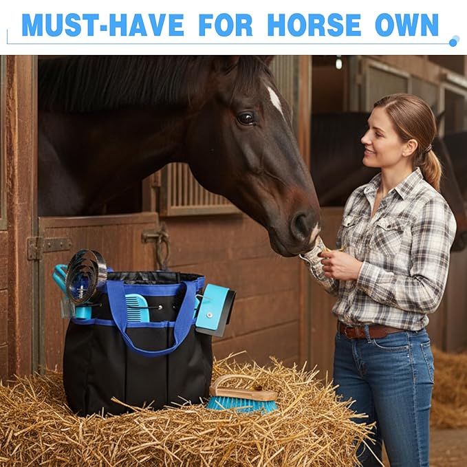 Abbylike 12 Pieces Horse Grooming Kit with Organizer Tote Bag Tack Room Supplies Horse Brush Sets Equine Care Cleaning Kit Shedding Grooming Massaging Tools(Blue)