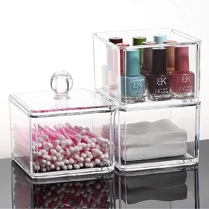 UShioart Stackable Square Acrylic Cotton Ball Holder Q-tip Holder Bathroom Swab Dispenser (Twin pack)