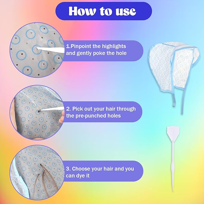 JJUNW 3 Pcs Hair Highlighting Caps, Bleach Cap Coloring Frosting Dye Kit, Highlighting Kit, Highlight Cap with Hooks Highlight Hair Coloring Frosting Dye Kit for Salon Hair Dyeing Hairdressing