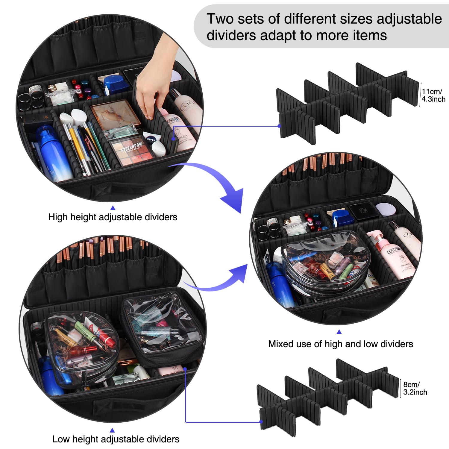 Relavel Extra Large Makeup Case, Professional Makeup Artist Bag Double Layer Compartment Cosmetic Travel Organizer Bag Makeup Brush Storage Holder with Adjustable Dividers and Shoulder Strap, Black