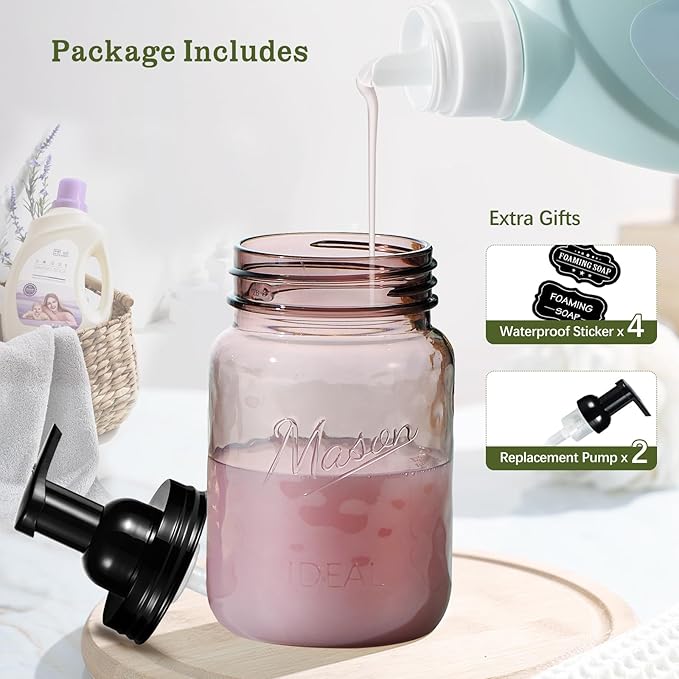 Amolliar Plastic Foaming Soap Dispenser with Pump Lid, 16Oz Refillable Foam Hand Soap Dispenser Set, Clear Dish Soap Bottles with Waterproof Lable for Farmhouse Kitchen Bathroom (2 Pack, Black)
