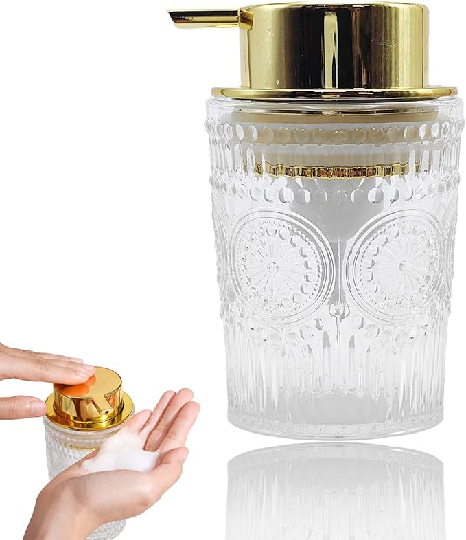 Foaming Soap Dispenser for Kitchen & Bathroom Liquid Kitchen Dish Refillable Soap Dispenser with Gold Plastic Pump Modern Home Bathroom Decor (Clear, S)