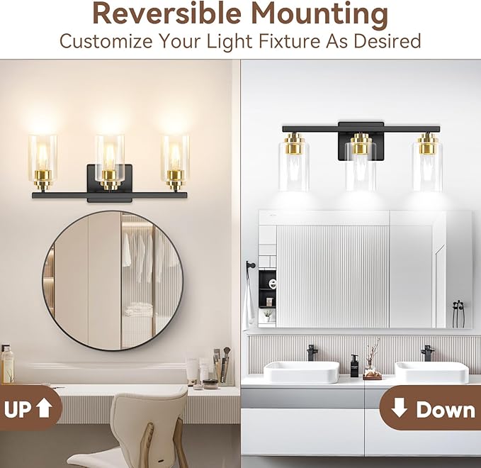 19" Black & Gold Modern Vanity Lights Over Mirror with Clear Glass Shades