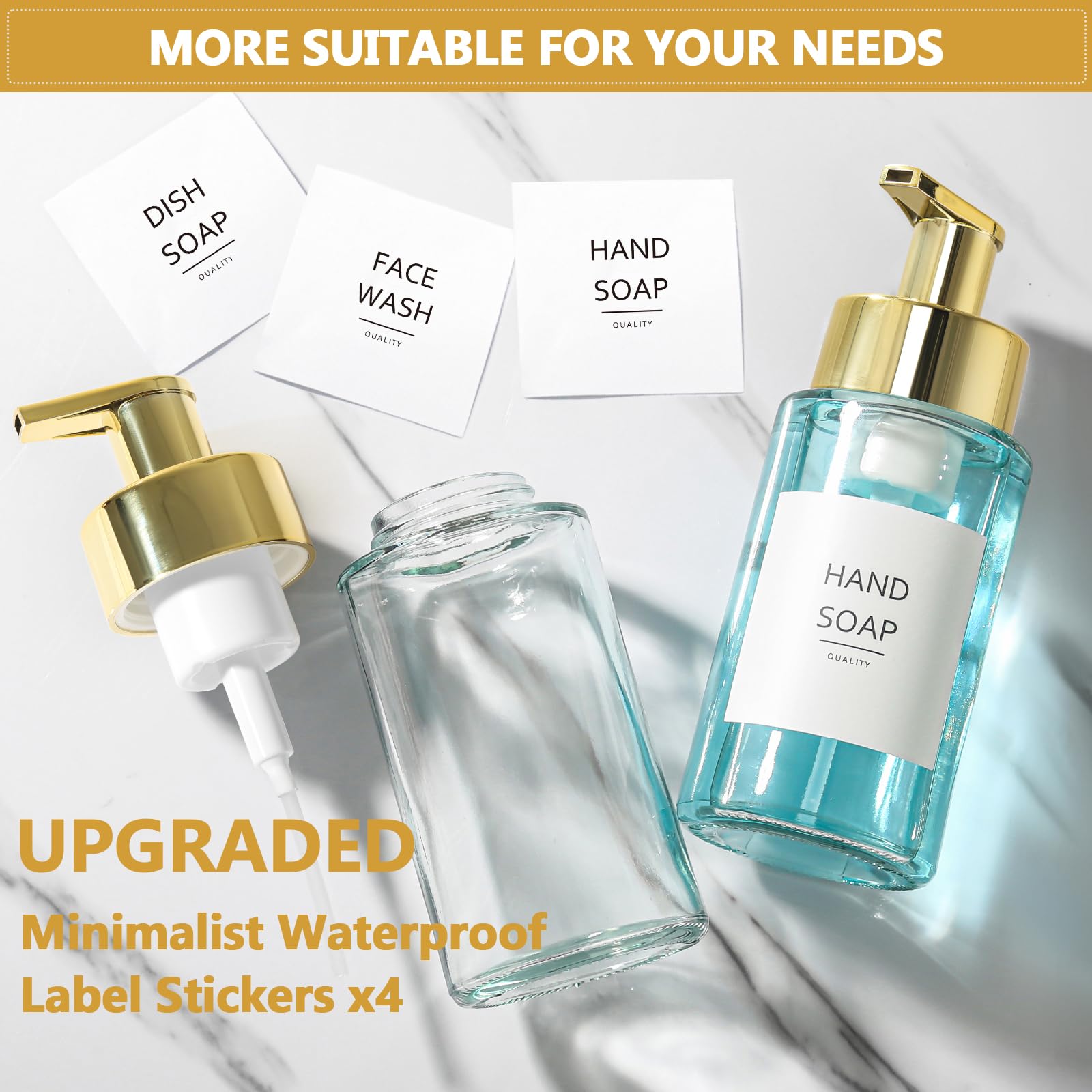 RYTOXILO Foaming Soap Dispenser, 10 oz/300ml Gold Soap Dispenser, 2 Pack Glass Foaming Hand Dispenser for Bathroom & Kitchen, Clear Refillable Foam Bottle with Waterproof Labels