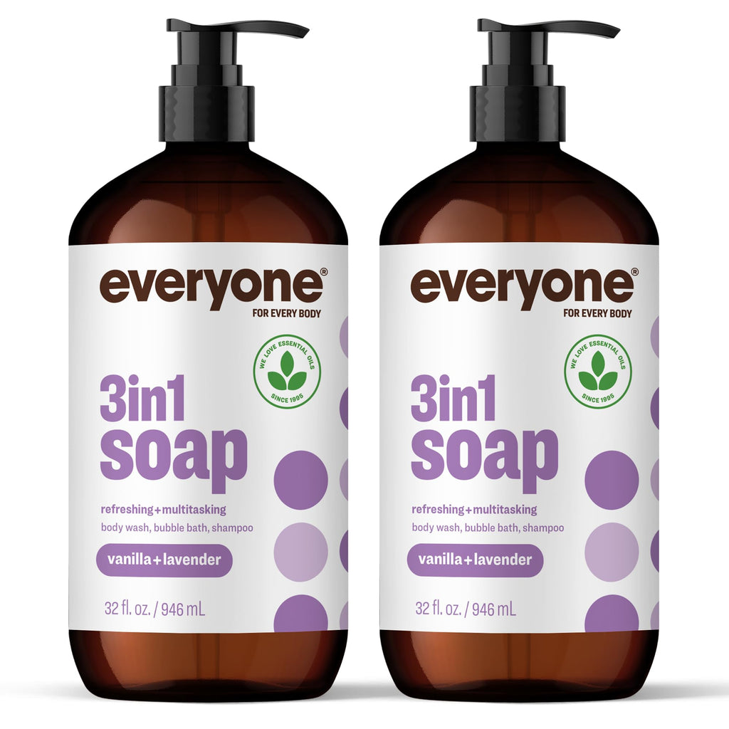 Everyone 3-in-1 Soap, Body Wash, Bubble Bath, Shampoo, 32 Ounce (Pack of 2), Vanilla and Lavender, made with Essential Oils for Men and Women