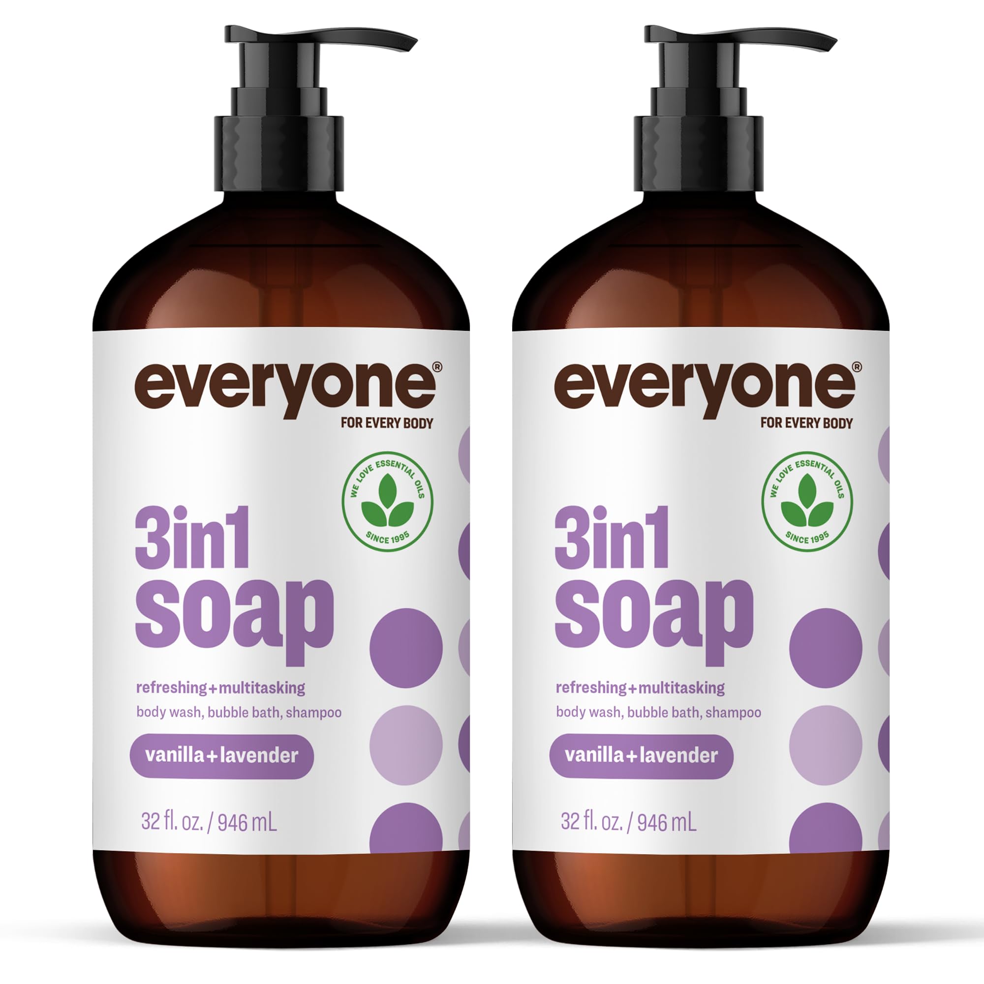 Everyone 3-in-1 Soap, Body Wash, Bubble Bath, Shampoo, 32 Ounce (Pack of 2), Vanilla and Lavender, made with Essential Oils for Men and Women