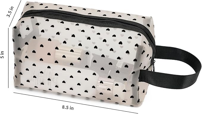 TOPASION Portable Mesh Makeup Bag with Zipper Small Travel Toiletry Bag Lightweight Cosmetic Pouch (Beige&Black Heart with Handle)