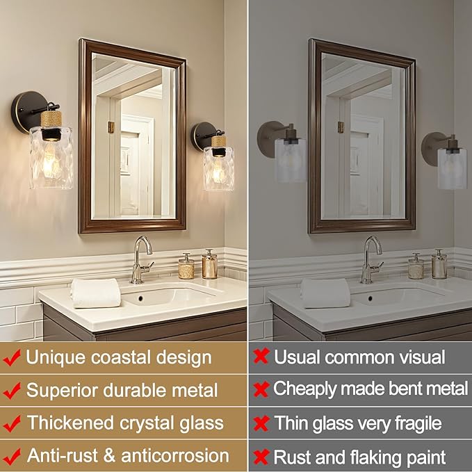 Set of 2 Wall Sconces for Bathroom, Coastal Modern Vanity Lights with Clear Glass Shade, Brown and Gold Bathroom Wall Lamp for Mirror Kitchen Living Room Hallway Cabinet Porch