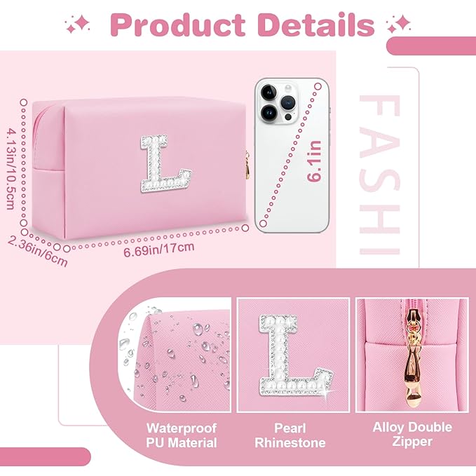 ChaoGreat Bride Gifts – Personalized Initial Makeup Bag with Pearl Rhinestone Patch, Preppy Pink Monogram Cosmetic/Toiletry Pouch, bridesmaid Gifts, Bridal Shower Gifts, Wedding Gifts, Bridal Gifts,L