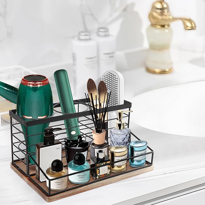 Siyzda Hair Tool Organizer, Movable Hair Dryer Holder, Hair Styling Tools Storage for Vanity, Bath Counter Organizer, Bathroom Trays for Hair Toiletry, Makeup (12" x 7.7" x 5.8", Wood-Black)