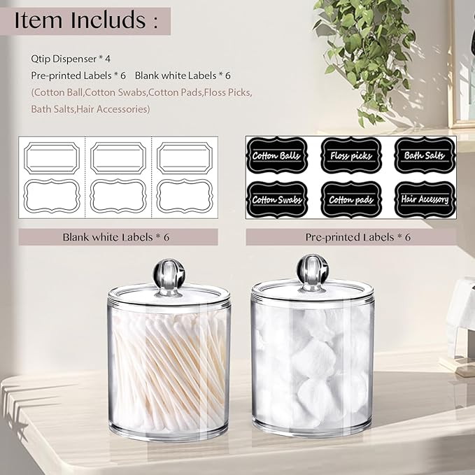 SheeChung 2 Pack Clear Acrylic Qtip Holder- Apothecary Jars for Bathroom Organization - Vanity Storage Canisters for Cotton Swabs,Balls,Pads(10oz&12oz)