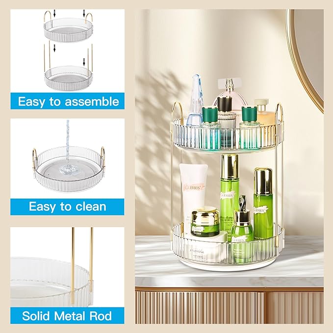 Niluks 360 Rotating Makeup Organizer - Large Capacity Spinning Perfume & Cosmetic Skincare Holder for Countertop (Pearl White, 2 Tier)
