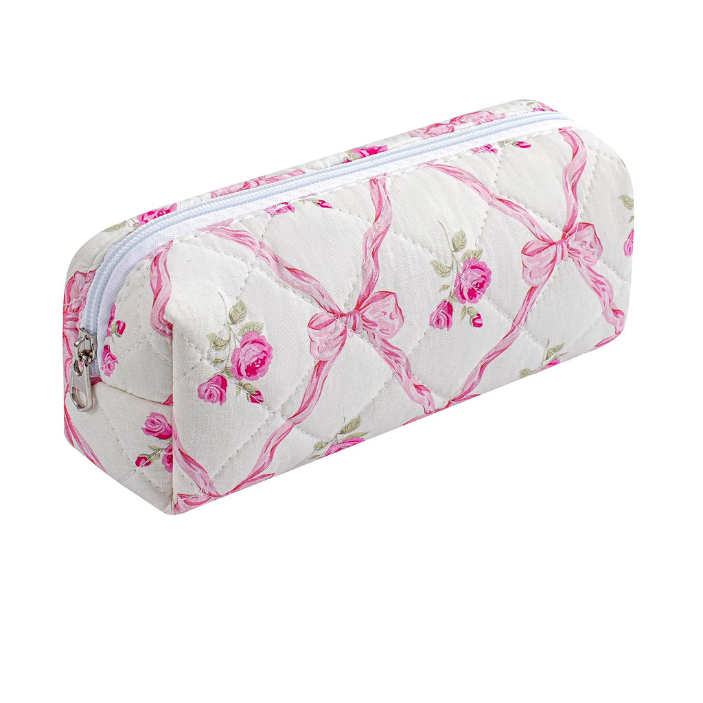 HHQQWZ Cute Floral Cotton Makeup Brush Cosmetic Bag for Women, Travel Quilted Zipper Make Up Bag, Flowers Toiletry Organizer Case Kawaii Makeup Cosmetic Travel Cloth Pouch (Pink Bowknot)