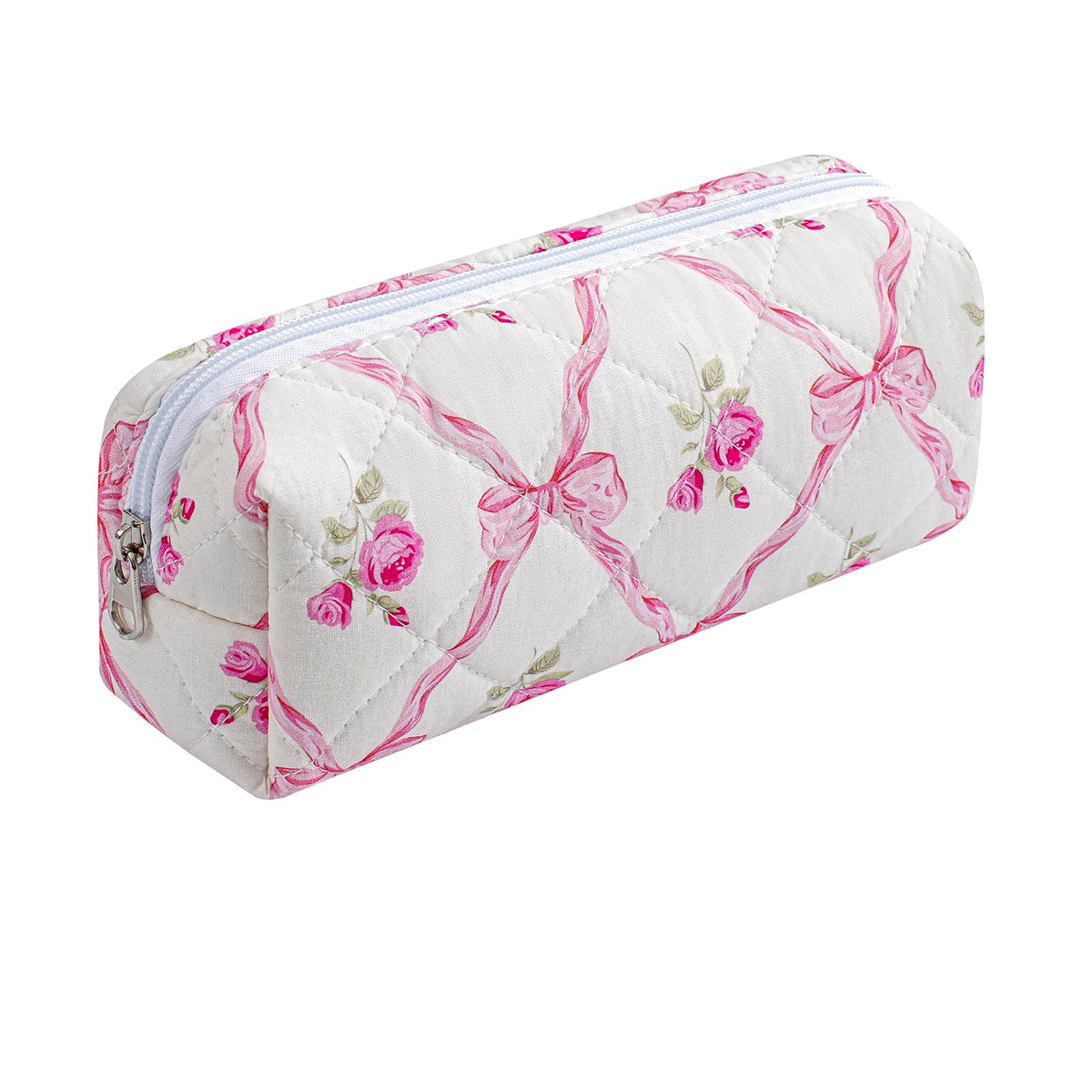 HHQQWZ Cute Floral Cotton Makeup Brush Cosmetic Bag for Women, Travel Quilted Zipper Make Up Bag, Flowers Toiletry Organizer Case Kawaii Makeup Cosmetic Travel Cloth Pouch (Pink Bowknot)