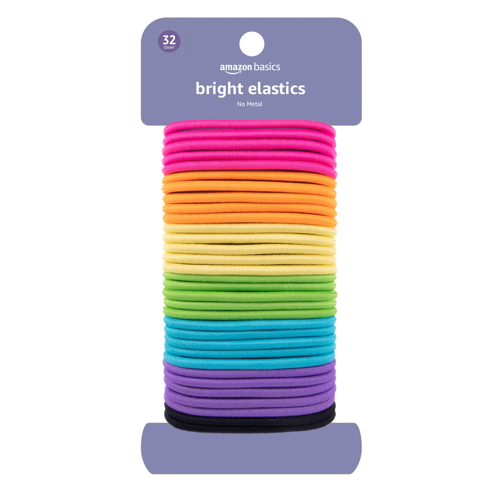 Amazon Basics No Damage Elastic Hair Ties, Ponytail Holders for Thick Hair, No Pull, Secure Hold, Snag-Free, Bright 4 MM Elastics for All Types, 32 Count