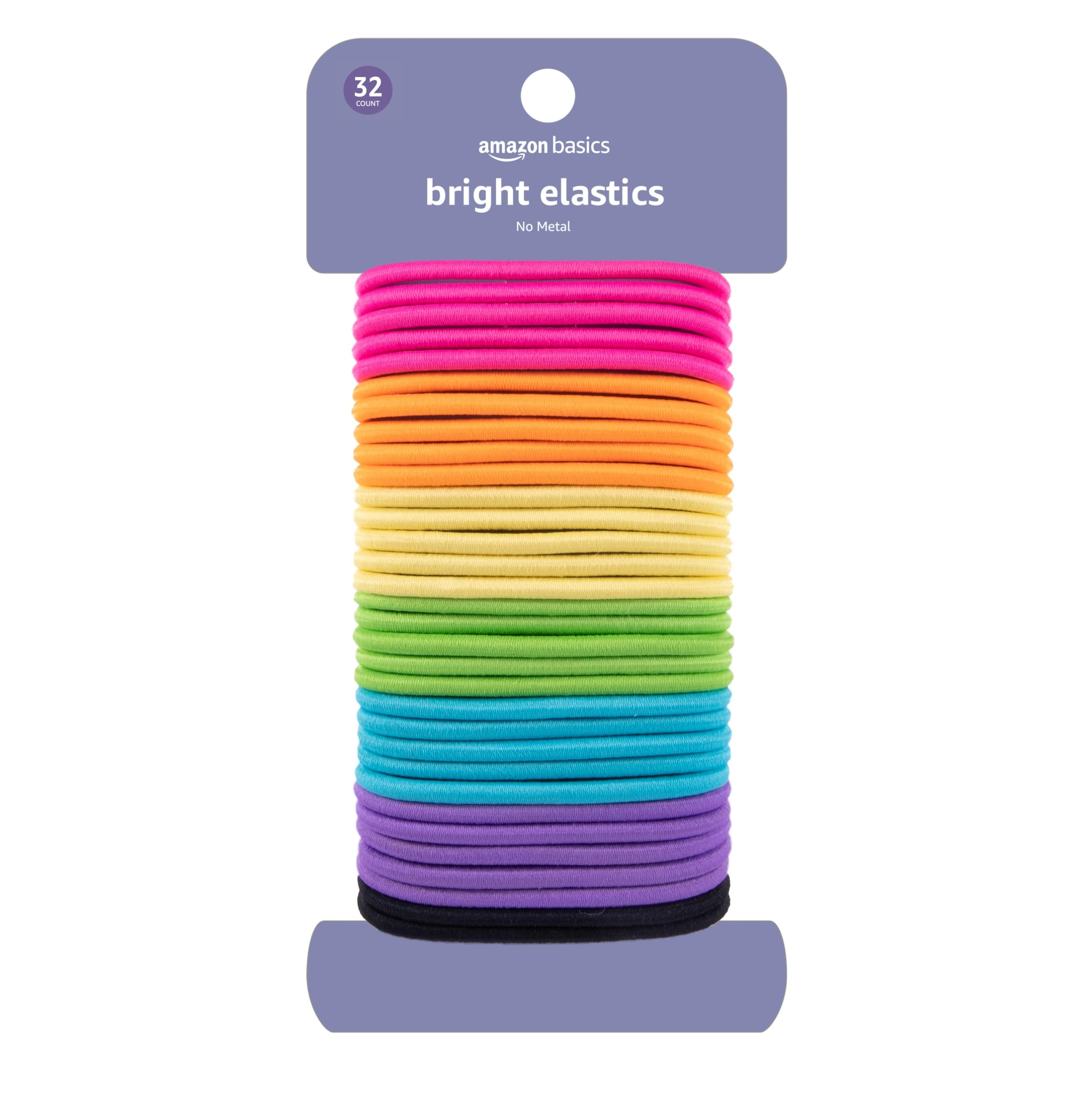 Amazon Basics No Damage Elastic Hair Ties, Ponytail Holders for Thick Hair, No Pull, Secure Hold, Snag-Free, Bright 4 MM Elastics for All Types, 32 Count