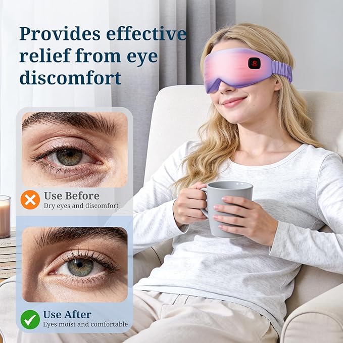 100% Silk Wireless Heated Eye Mask with Cooling, Relieves Dry Eye Syndrome and Puffy, Reduces Dark Circles, Adjustable Velcro Design and Washable Cover, Suitable for Travel & Gifts-Purple.