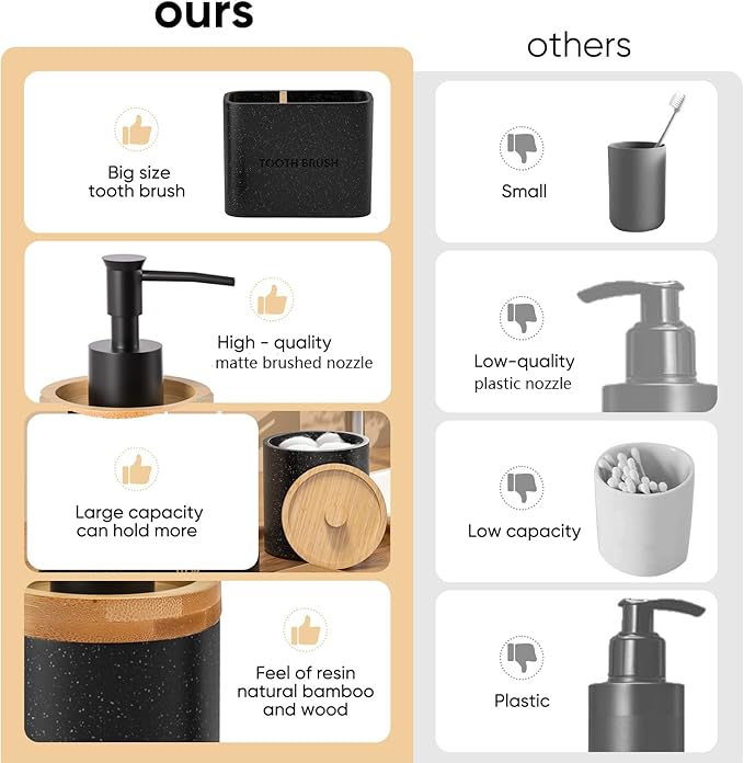 Bathroom Accessories Set Black, 6Pcs Bathroom Accessory Set, Large-Sized Toothbrush Holders Set Black, Soap Dispenser, Vanity Tray, Bathroom Tumbler, Apothecary Jars and a Soap Dish