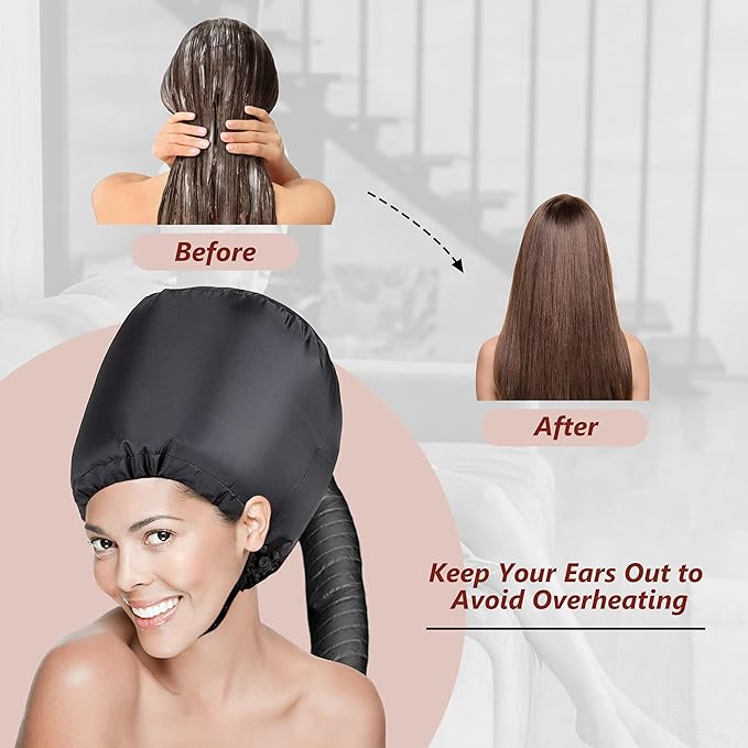 Safety Portable Hair Dryer Bonnet Attachment for Hair Styling, Adjustable Chin Strap and Side Fitting Drawstring Hood Dryers for Hair Home