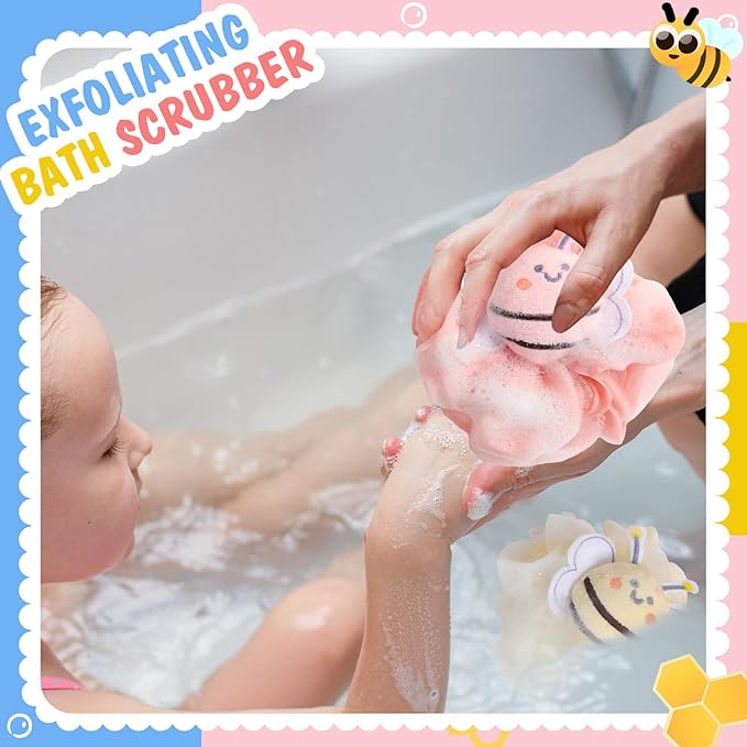 4 Pcs Bee Bath Loofah Sponge Cartoon Body Scrubber Loofah Soft Mesh Exfoliating Bath Scrubber Shower Ball for Shower Sponge Gifts Exchange Birthday Party