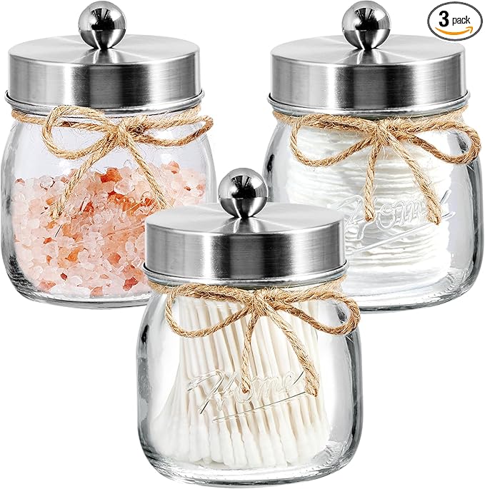 SheeChung 3 Pack Qtip Holder, Contracted Design Bathroom Decor, Apothecary Jars, Mason Jars Bathroom Accessories Set for Cotton Balls, Floss Picks, Cotton Round Pads - Brushed Steel