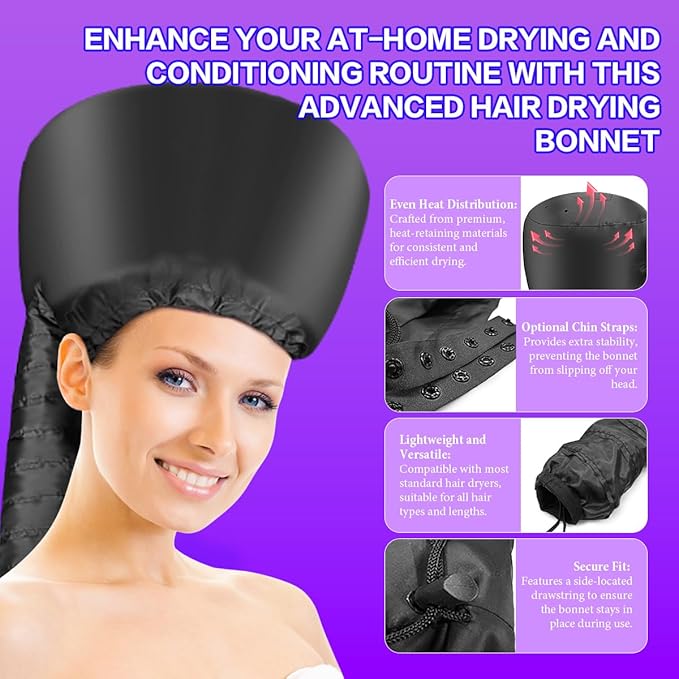Hooded Hair Dryer Bonnet - Fast Drying for Natural Hair, Deep Conditioning & Curls - Adjustable, Even Heat, Portable Travel (Black)
