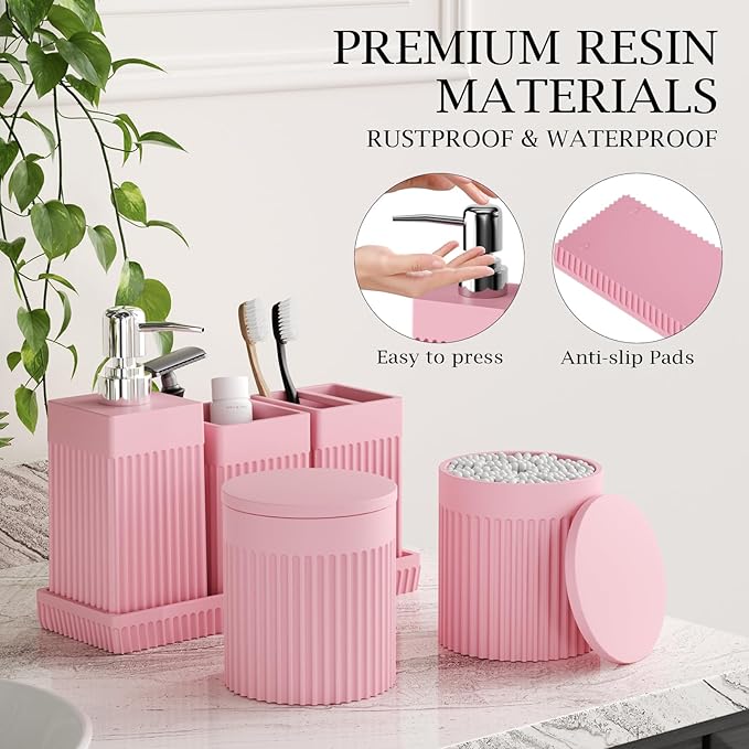 InnJoey 6-Piece Pink Bathroom Set - Sleek Resin Bathroom Accessories Set with Soap Dispenser, Toothbrush Holder, Vanity Tray, Tumbler & Apothecary Jars for Small Spaces