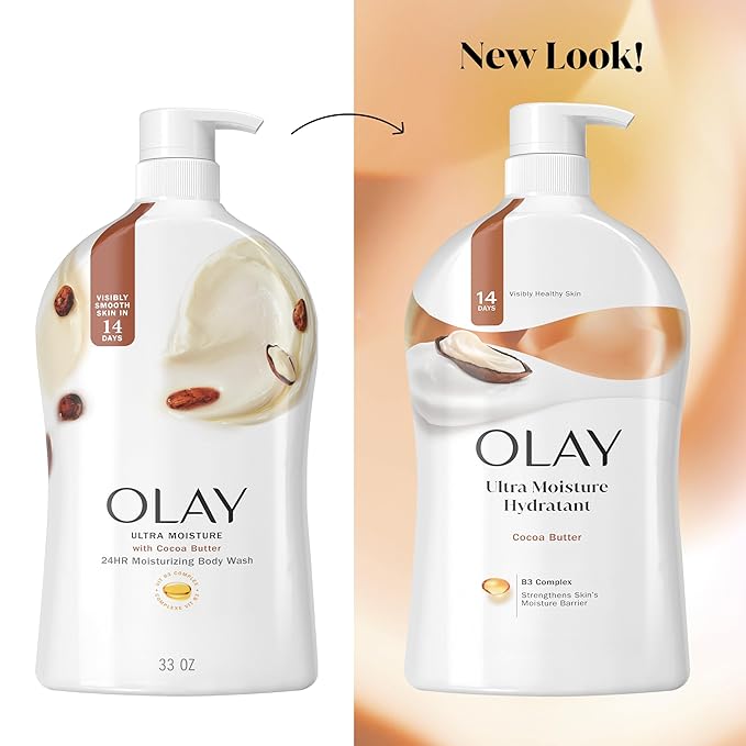 Olay Body Wash for Women, Ultra Moisture, 24/7 Moisture Barrier Repair, Hydrating Formula for Visibly Healthy Soft Skin, Vitamin B3 & Hyaluronic Blend, For All Skin Types, Cocoa Butter Scent, 35 fl oz