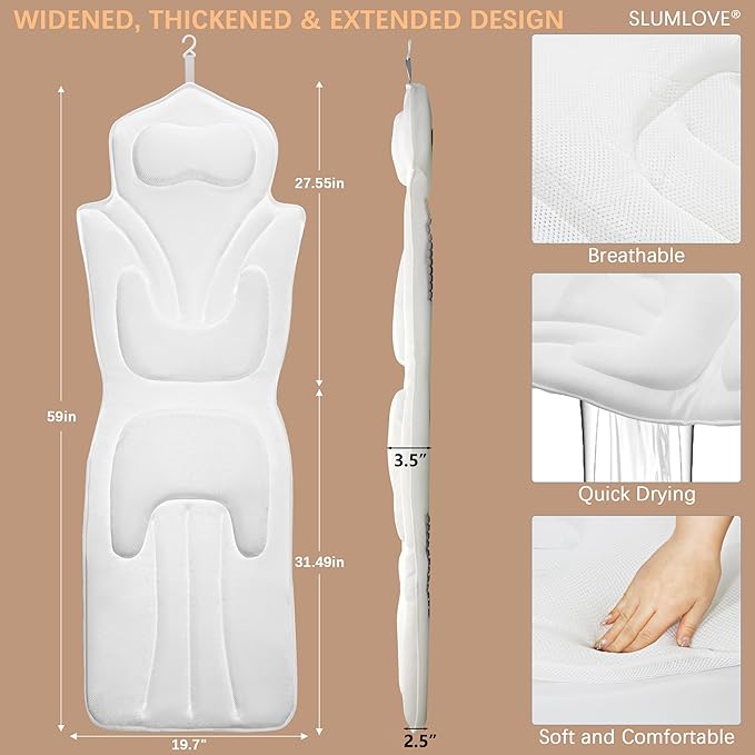 59'' Full Body Bath Pillow for Bathtub 6D Air Mesh 144 Suction Cups