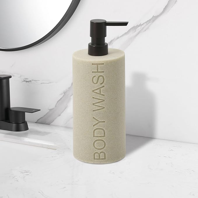Indecor Home Resin Tan Sandstone Body Wash Engraved Bottle Refillable Pump Dispenser, Durable Waterproof Resin Construction for Bath, Shower - Tan Sandstone, ORB Pump