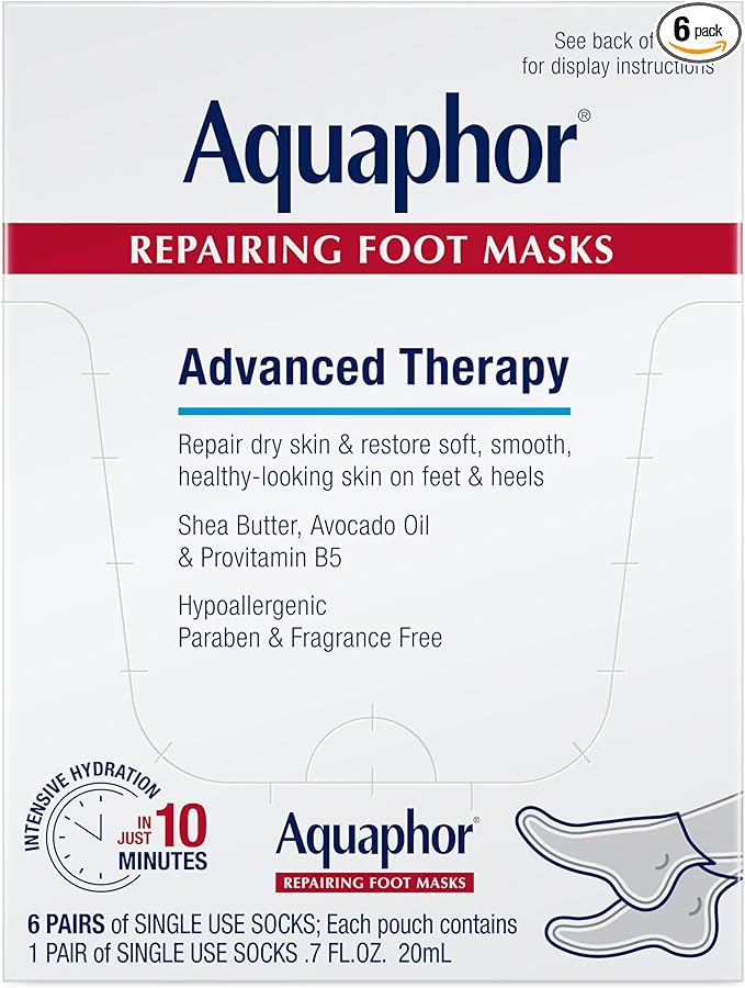 Aquaphor Repairing Foot Masks, Moisturizing Socks for Dry Feet, Hydrating Foot Care Treatment with Avocado Oil and Shea Butter, Pack of 6