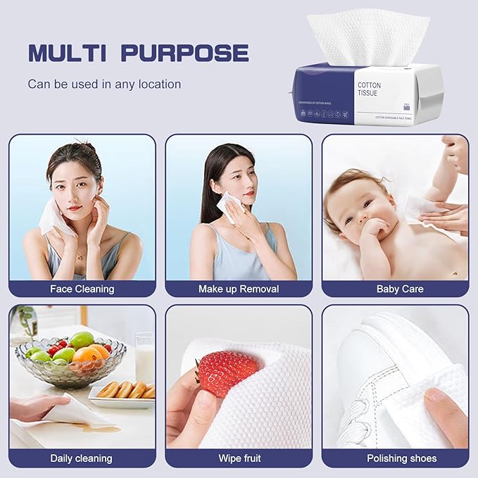 Disposable Face Towel, 100 Count Face Towels for Washing Soft Cotton Dry Wipes Facial Cloths Towelettes for Washing and Drying, Facial Tissue for Cleansing, Skincare and Makeup Remover
