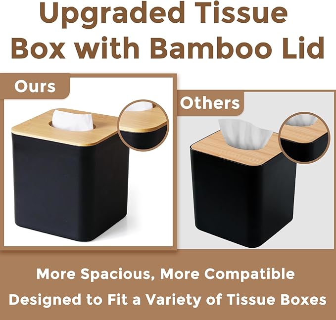 Tissue Box Cover Square, Modern Black Facial Tissue Holder with Bamboo Lid