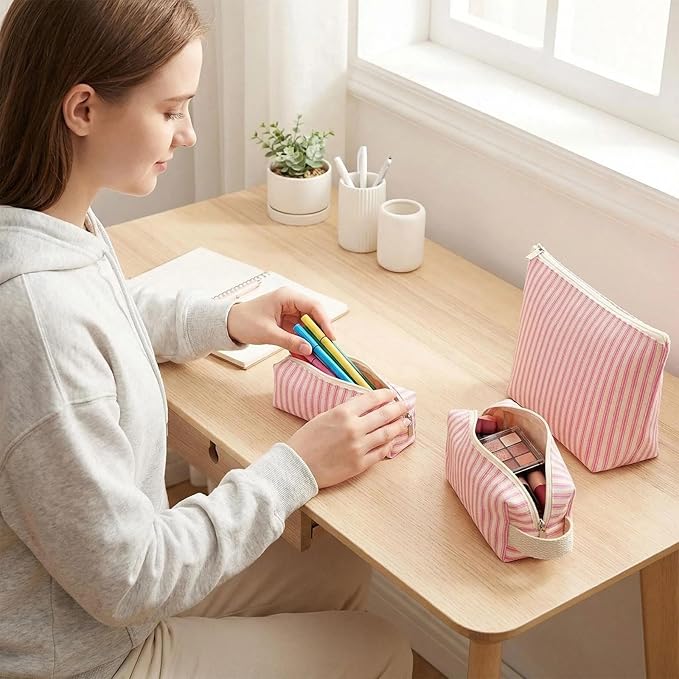 Beayuva 3 Pcs Canvas Makeup Bag Set Cosmetic Pouch for Women Travel Toiletry Bag Cute Makeup Organizer Purse Pouch Preppy Pencil Case with Zipper (Pink Pinstripes)