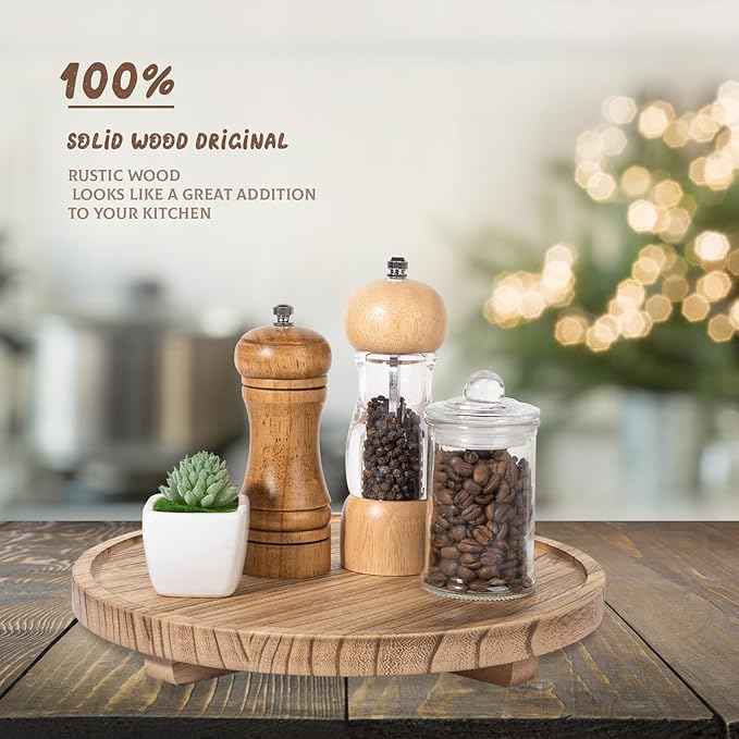 Round Decorative Tray Wood Bathroom Counter Organizer Farmhouse Kitchen Decor Wooden Riser for Soap Dish, Perfume, Candle, Sponge, 11" - Brown