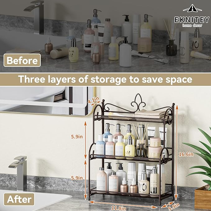 EKNITEY Bathroom Organizer Shelf Countertop - 3 Tier Spice Rack No Assembly