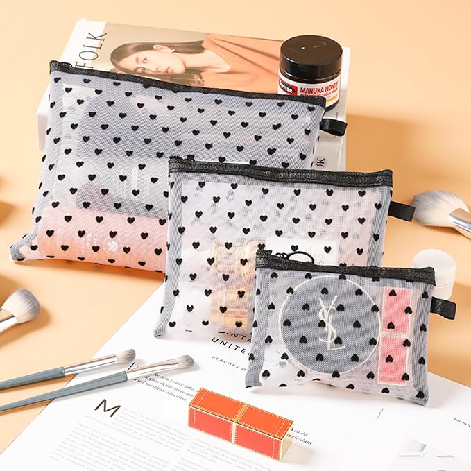 TRAKWAN 4-Piece Heart Printed Mesh Makeup Bag Set, Portable Travel Mesh Cosmetic Bags Toiletry Bags Makeup Purse Bags Mesh Zipper Storage Pouches for Home Offices Travel Accessories (White)