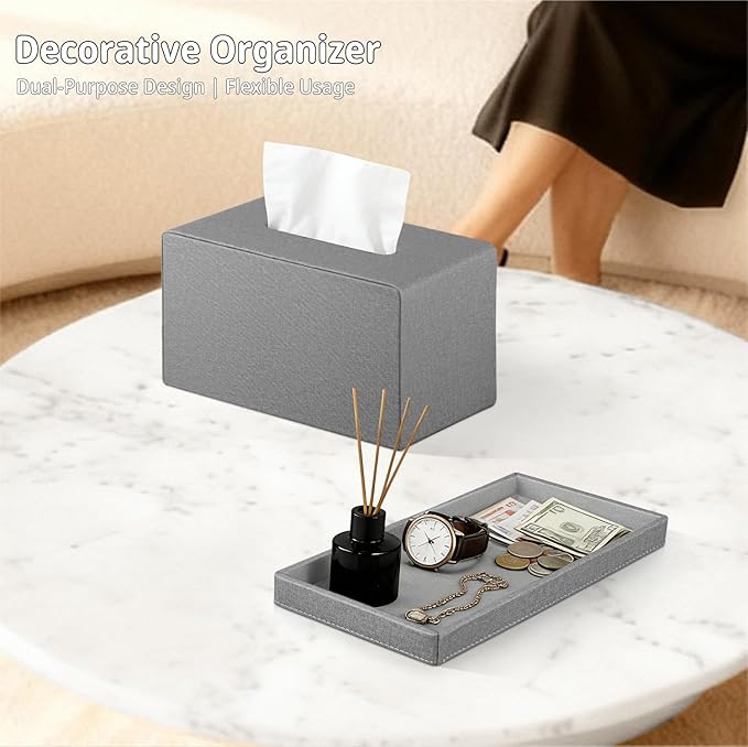 YAPISHI Large Tissue Box Cover Rectangle with Tray Storage, PU Leather Facial Tissue Holder, Fits 230-Count Family Size Kleenex, Modern Nightstand Organizer for Bathroom Office Home Decor