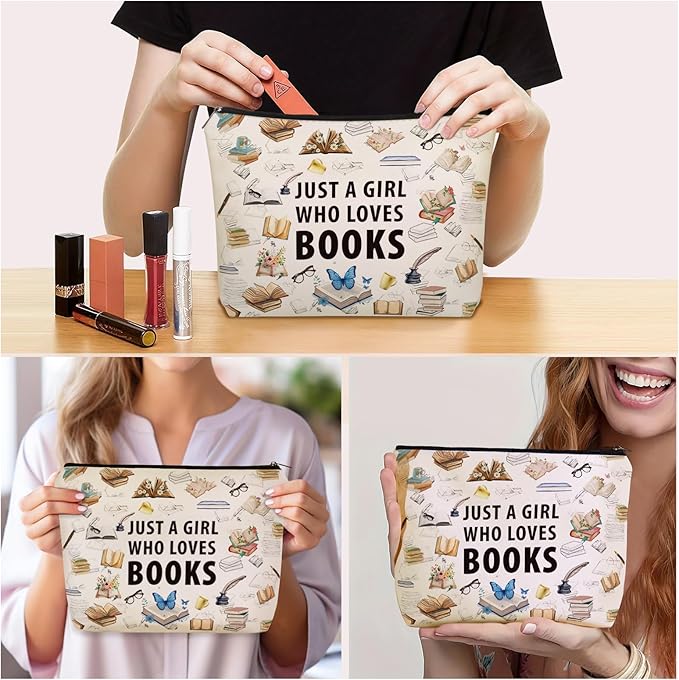 Girlly Book Travel Makeup Bag For Women & Teen Girl Book Lover Gifts