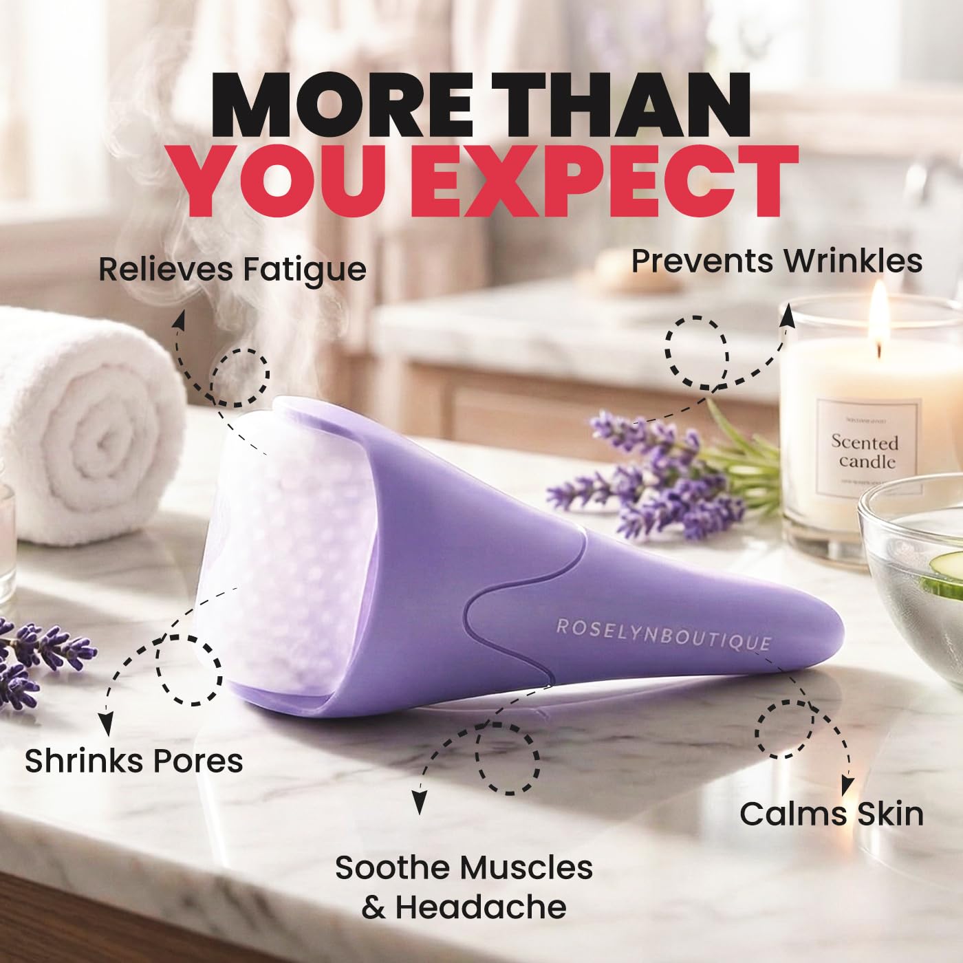 ROSELYNBOUTIQUE Ice Roller for Face & Gua Sha Facial Tools for Wrinkles Fine Lines Puffiness - Facial Massager Skin Care Tools Self Care Gifts for Men Women (Purple)
