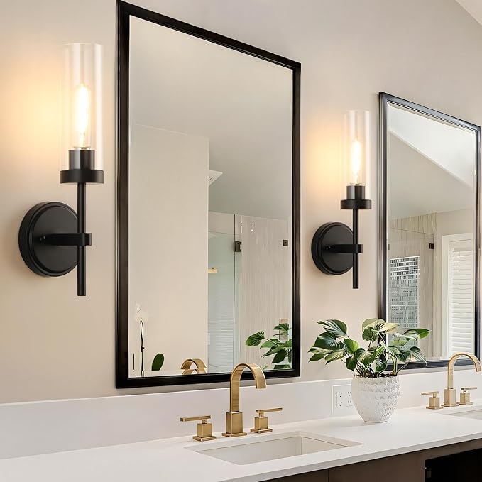 WILON Black Wall Sconces Set of 2, Bathroom Sconces Vanity Light Fixtures with Clear Glass Shades, Indoor Rustic Farmhouse Wall Lamps for Bedroom Living Room Bathroom Bedside Hallway Mirror