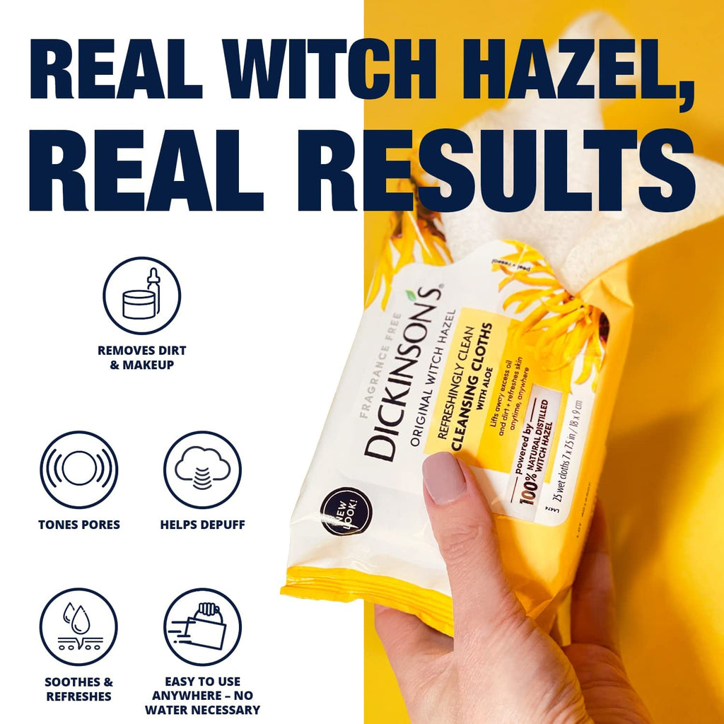 Dickinson's Witch Hazel Cleansing Cloths with Aloe | 25 Ct (Pack of 4)