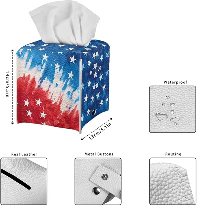 American Tie Dye Decorative Tissue Box Cover, Waterproof PU Leather Square Holder with Metal Button, Protective Napkin Case for Bathroom Countertop, Office Desk, and Car Interior