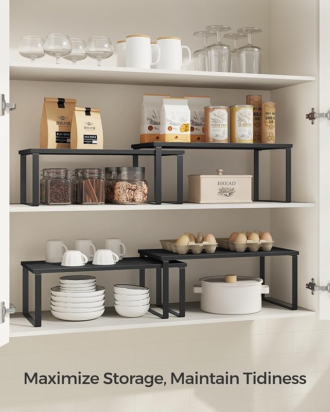 SONGMICS Cabinet Organizer Shelf, Set of 2 Kitchen Counter Shelves, Kitchen Storage, Spice Rack, Stackable, Expandable, Metal and Engineered Wood, 15.6 Inches, Ink Black and Charcoal Black UKCS025B01