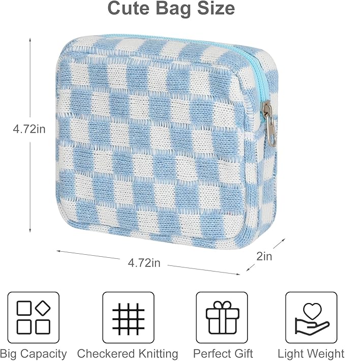 CekPo Sanitary Napkin Storage Bag, Menstrual Pad Zipper Bag Checkered Portable Period Bag Panty Liners, Tampon Storage Pouch for Women Ladies Daily Use Storage Purse Travel