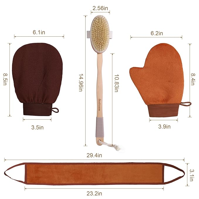 ÖkoStamm 4-in-1 Self Tanner Applicator Kit - Self Tanning Mitt with Long Handle Body Brush for Back Exfoliating and Streak-free Self Tan