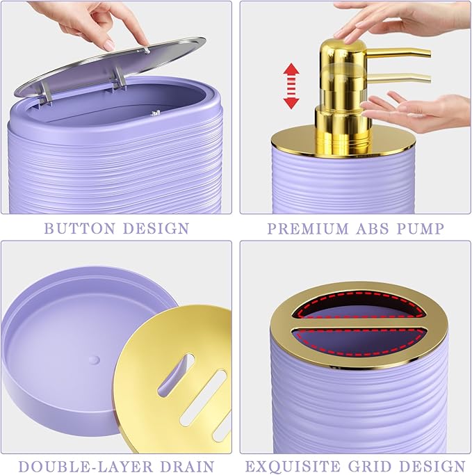 InnJoey Bathroom Set, 10PC Bathroom Accessory Set, Purple Bathroom Accessories, Purple and Gold Bathroom Set with Trash Can, Soap Dispensers